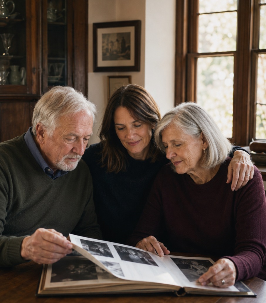 A family sharing memories together over a photo album